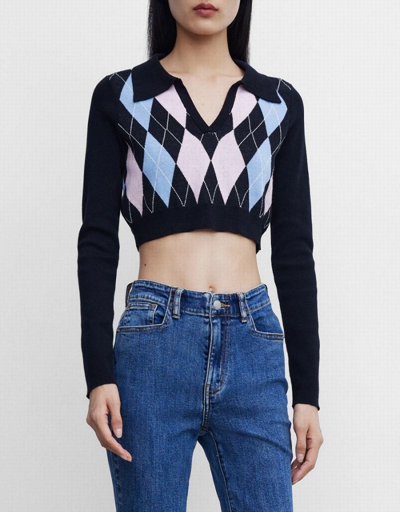 Suéteres Urban Revivo Argyle Crop Checkered Mujer Azules | NDK9726QP