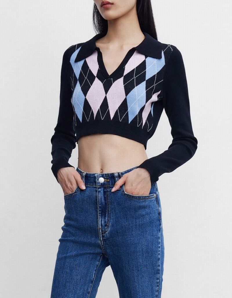 Suéteres Urban Revivo Argyle Crop Checkered Mujer Azules | NDK9726QP