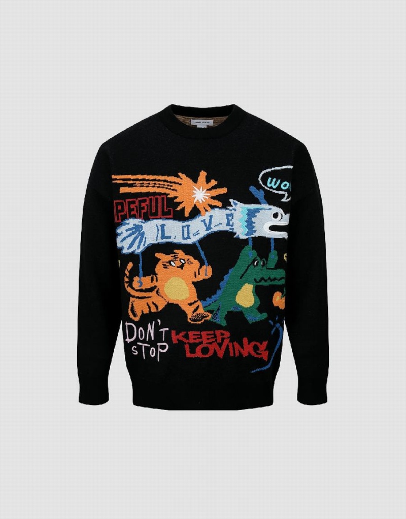 Suéteres Urban Revivo Cartoon Embroidered Crew Neck Hombre Negros | IUB3282KB