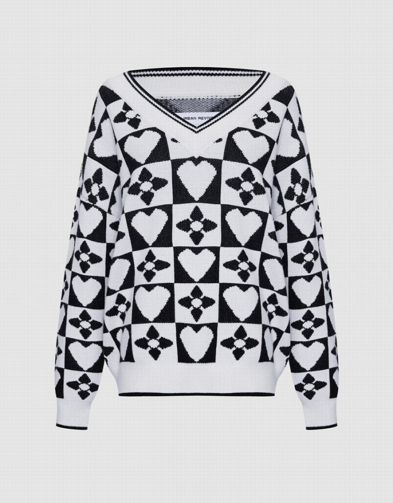 Suéteres Urban Revivo Heart & Checkered Pattern Mujer Grises | IHP6274RK