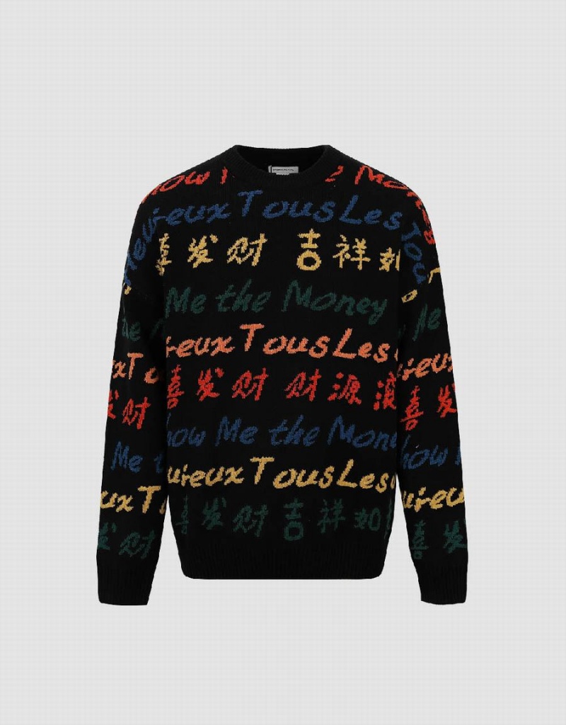 Suéteres Urban Revivo Letter Embroidered Crew Neck Hombre Negros | DMY2197ER