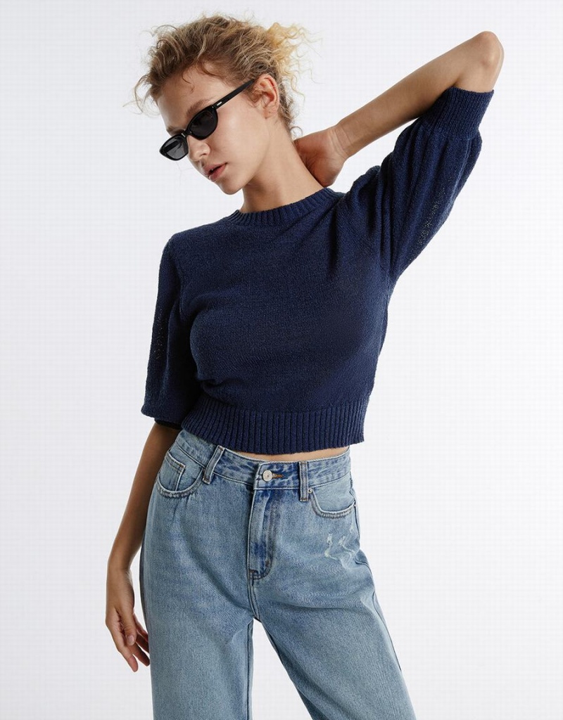 Suéteres Urban Revivo Plain Cropped Mujer Azules | SHO6269MH