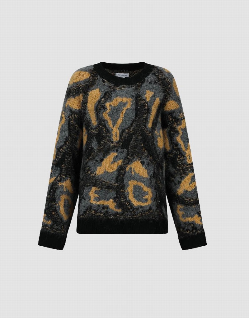 Suéteres Urban Revivo Printed Crew Neck Loose Mujer Negros Dorados | HHT33100XH