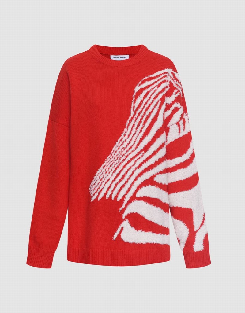 Suéteres Urban Revivo Zebra A Rayas Crew Neck Mujer Rojos | JPB3260RU