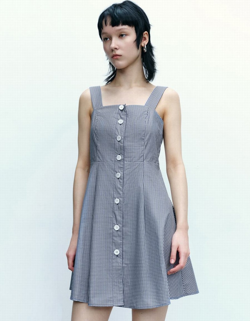 Vestido Urban Revivo A Rayas Sin Manga Square-Cut Collar A-Line Checkered Mujer Azules | YPN9523HG