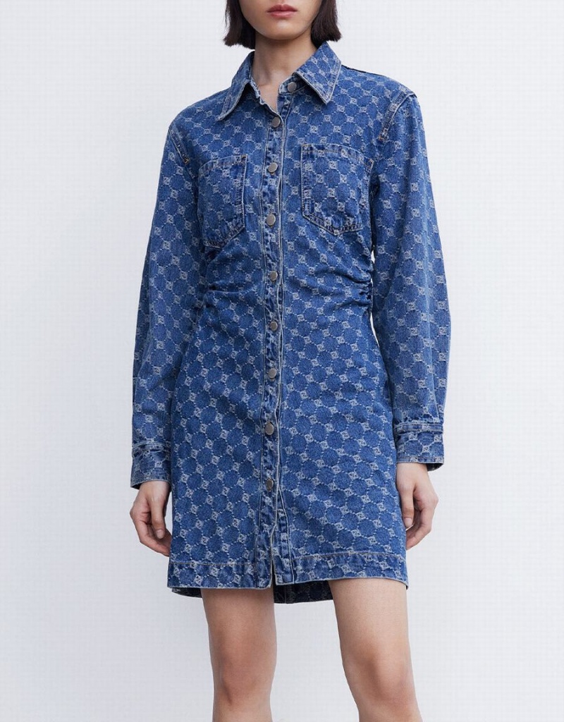 Vestido Urban Revivo Allover Jacquard Ruched Button Up Denim Mujer Azules | QWY7993XR