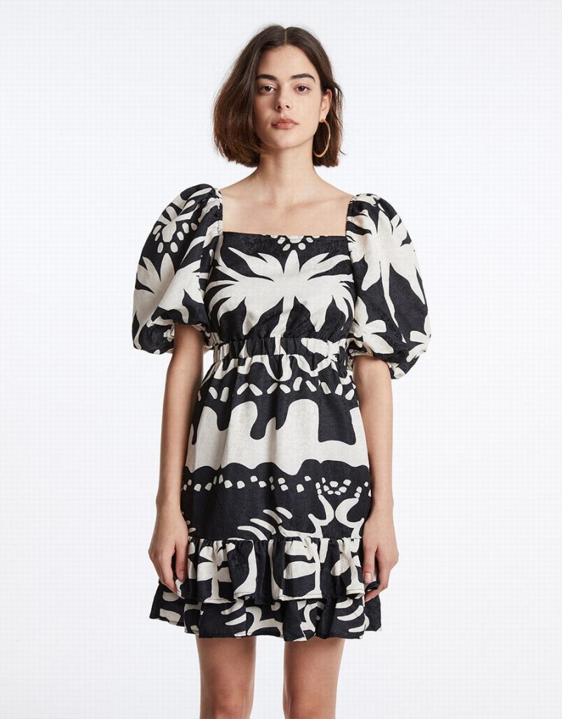 Vestido Urban Revivo Allover Print Puff Sleeve Ruffle Hem Mujer Grises | THN10019ZZ