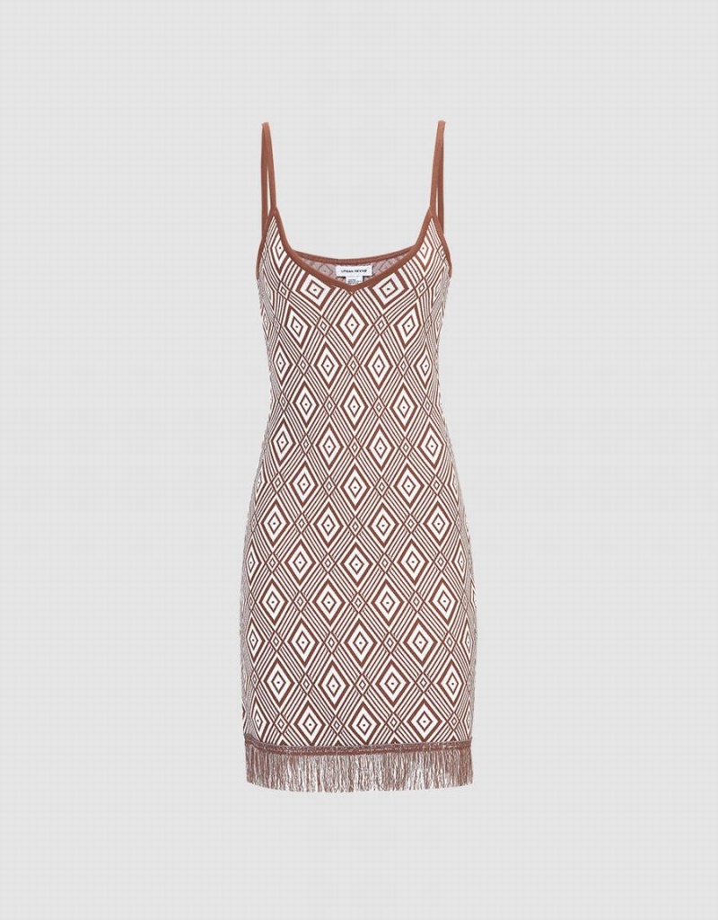 Vestido Urban Revivo Argyle Pattern Raw Hem De Punto Bodycon Cami Mujer Marrom | VVD2858OL