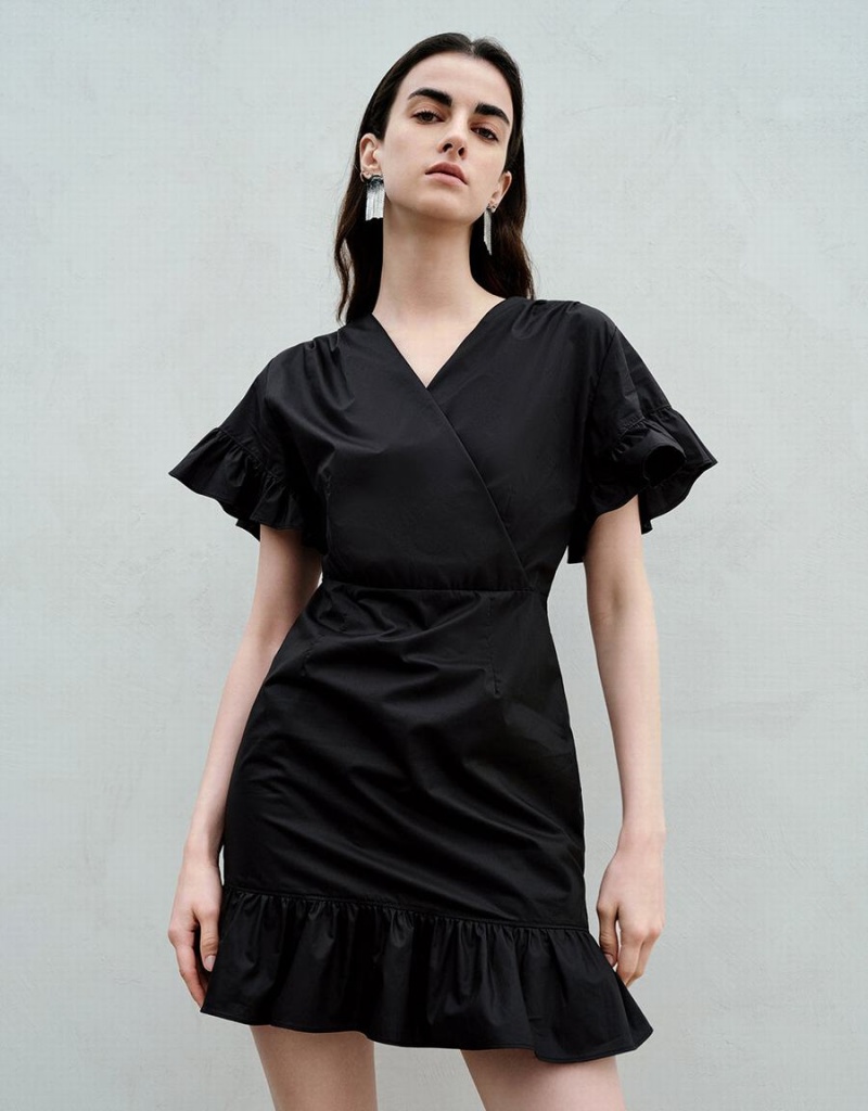 Vestido Urban Revivo Butterfly Sleeve V-Neck Skater Mujer Negros | YRU7083CU