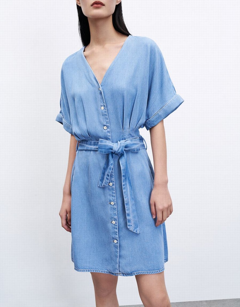 Vestido Urban Revivo Button Front Belted Denim Mujer Azules | LYR963SB