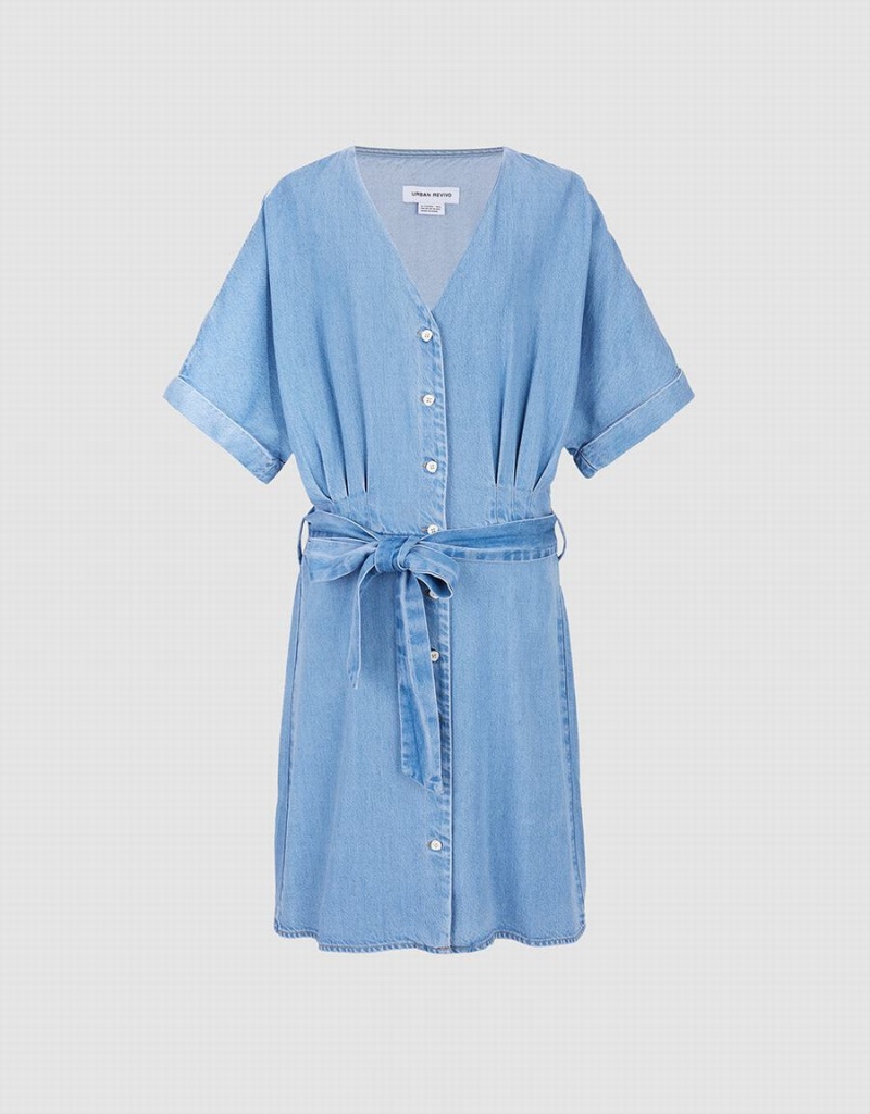 Vestido Urban Revivo Button Front Belted Denim Mujer Azules | LYR963SB