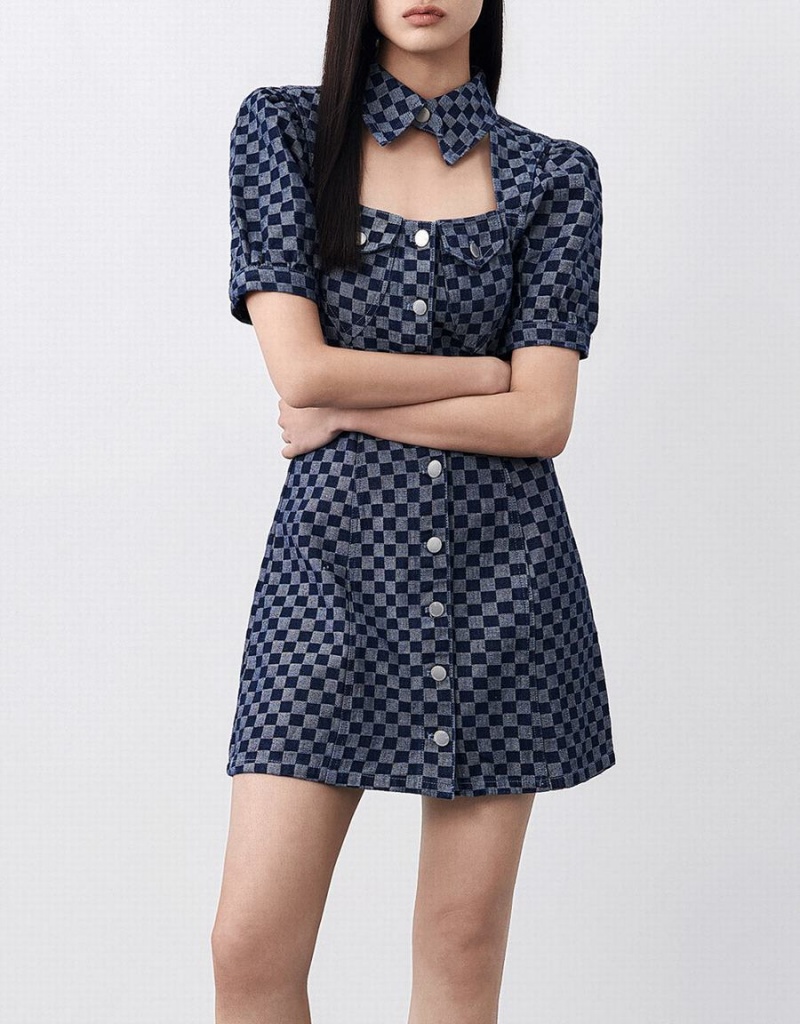 Vestido Urban Revivo Checkered Cut Out Front Denim Mujer Azules | DUE8067CD