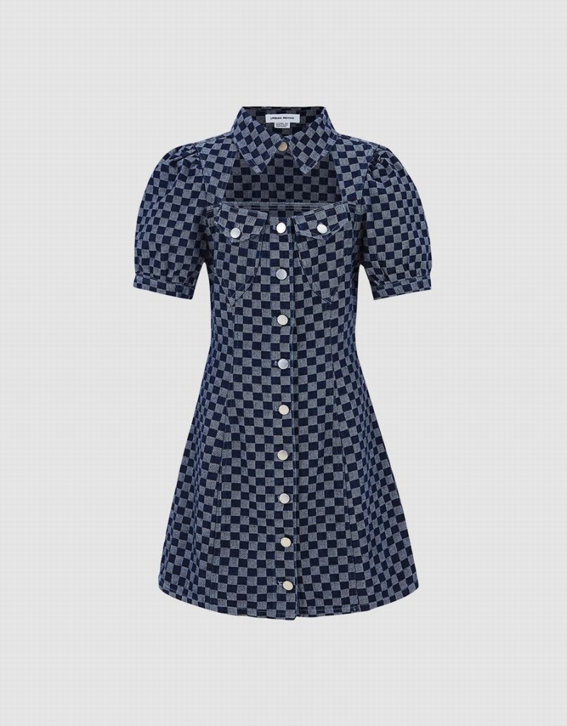 Vestido Urban Revivo Checkered Cut Out Front Denim Mujer Azules | DUE8067CD