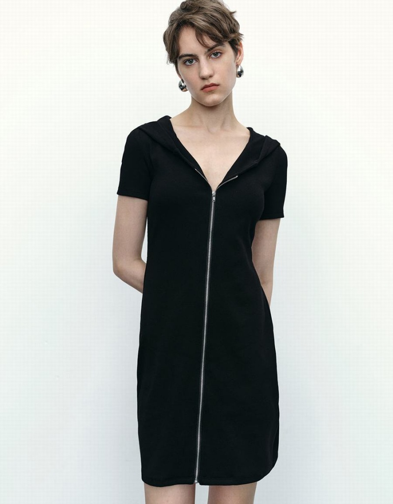 Vestido Urban Revivo Cremallera Front Lapel Flaco Mujer Negros | CBJ1853WI