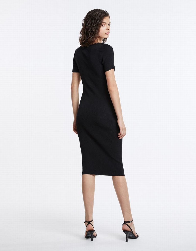 Vestido Urban Revivo Cut Out Knot Front De Punto Midi Mujer Negros | WVJ9528ZG