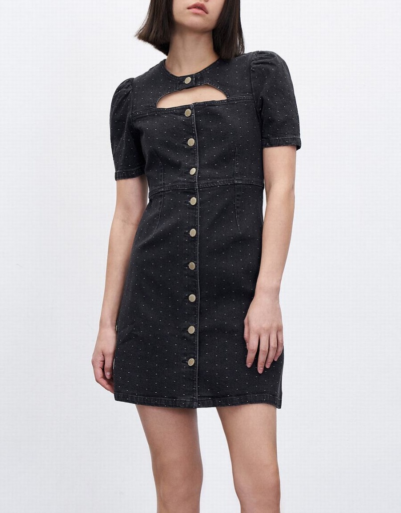 Vestido Urban Revivo Cut Out Polka Dot Button Front Denim Mujer Negros | IYG1981LB