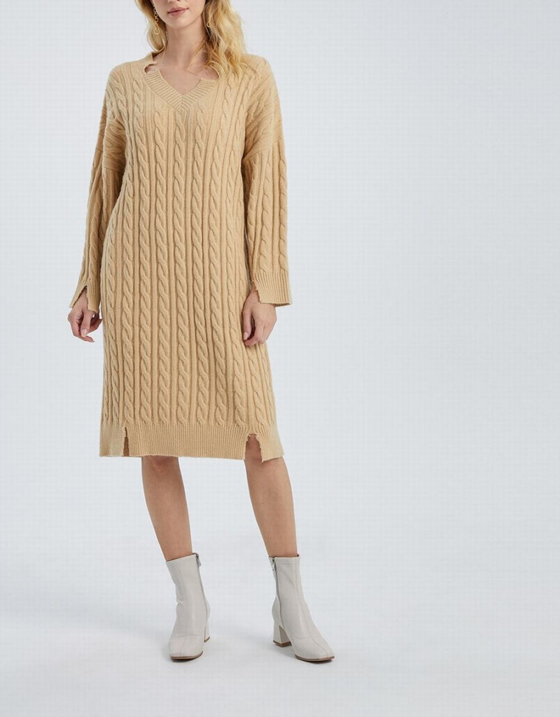 Vestido Urban Revivo Drop Shoulder Cable Knit Mujer Kaki | LKE3939XN