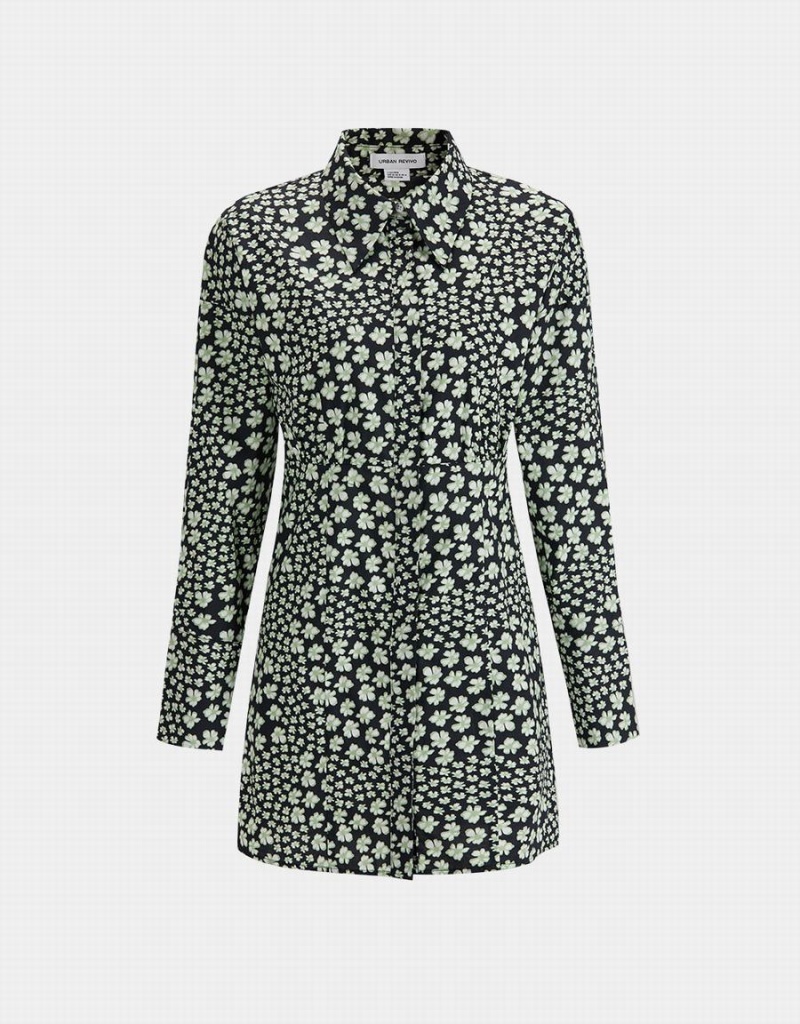 Vestido Urban Revivo Floral Print Button Up Mujer Verdes | DBG7225NI