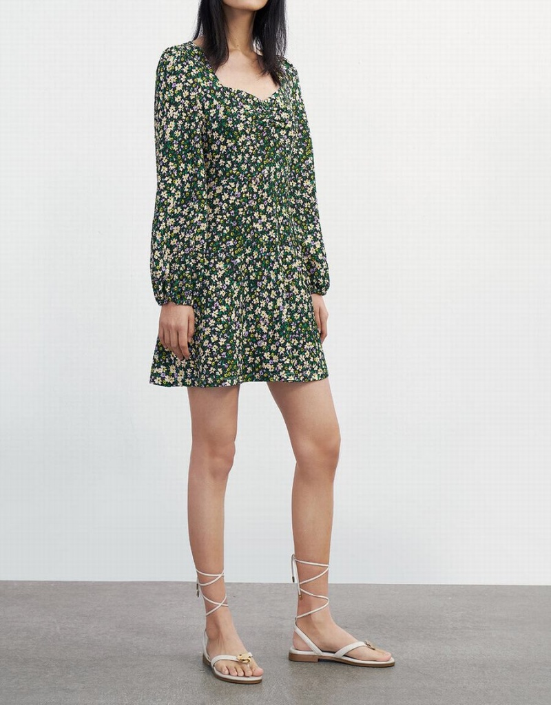 Vestido Urban Revivo Floral Print Sweetheart Long Sleeve Mujer Verdes | IUC7560YZ