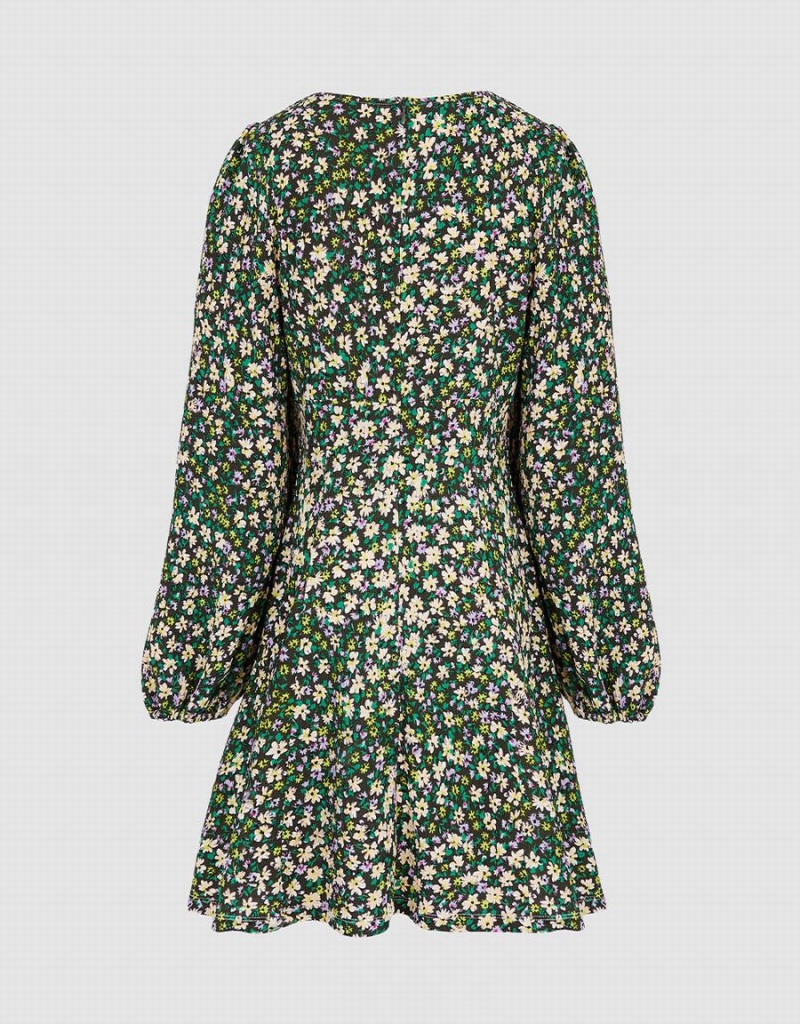 Vestido Urban Revivo Floral Print Sweetheart Long Sleeve Mujer Verdes | IUC7560YZ