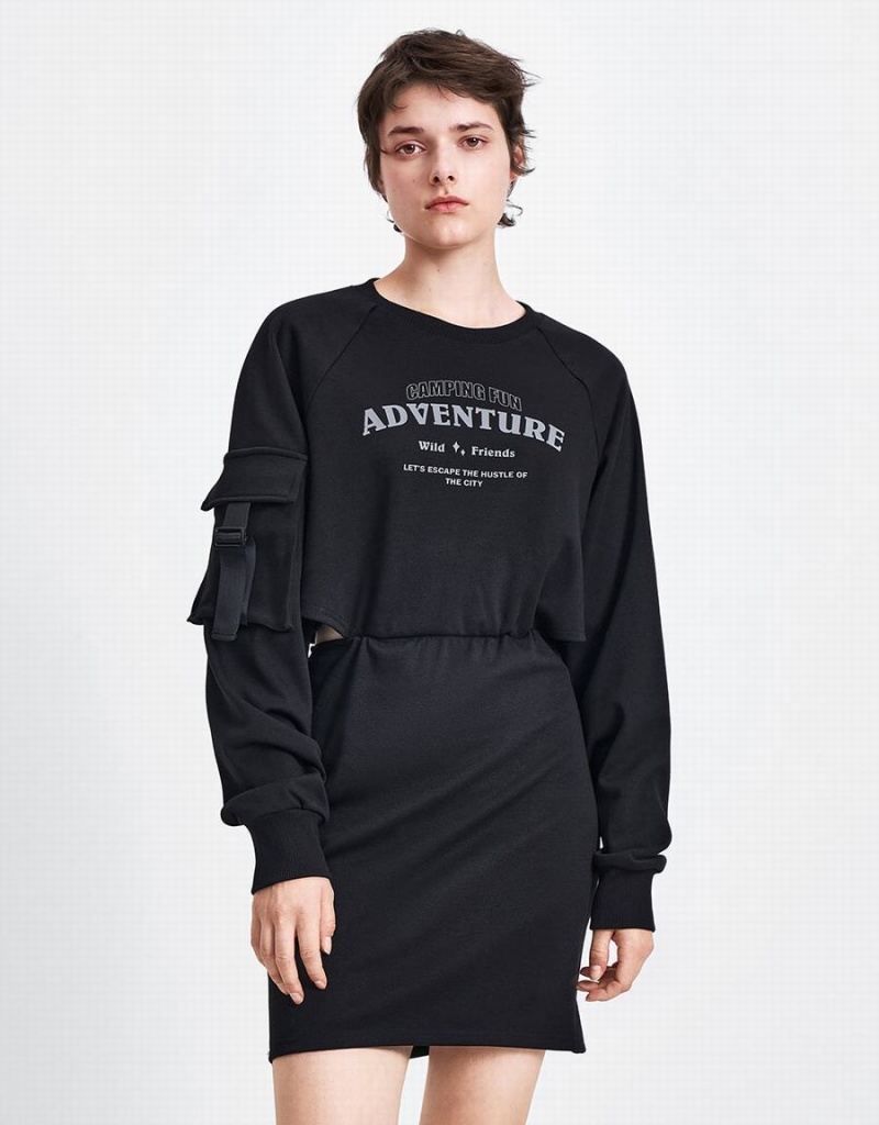 Vestido Urban Revivo Letter Printed Crew Neck A-Line Mujer Negros | BJK215GV