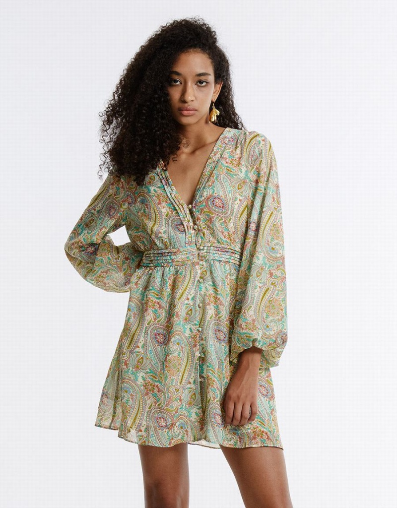 Vestido Urban Revivo Paisley Print Chiffon Mujer Verdes | CUZ1792BO