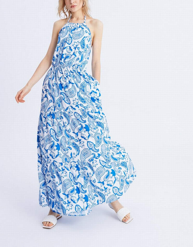 Vestido Urban Revivo Paisley Print Halter Maxi Mujer Azules | OLY9556MD