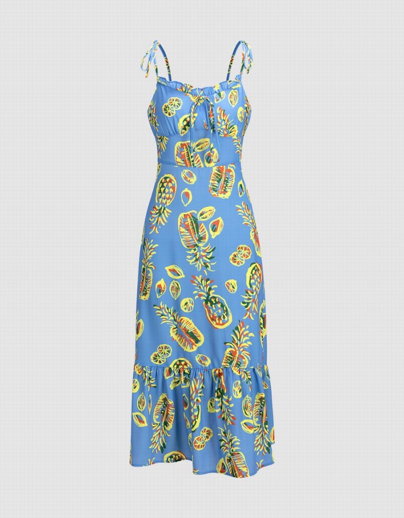 Vestido Urban Revivo Pineapple Print Tie Correa Ruffle Hem Cami Mujer Azules | YXN3189ER