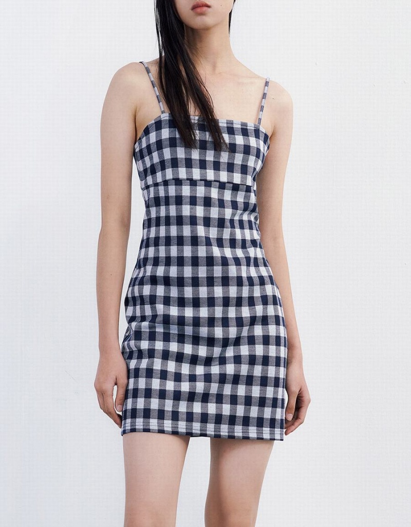 Vestido Urban Revivo Plaid De Punto Cami Checkered Mujer Azules | MJU6451ZE