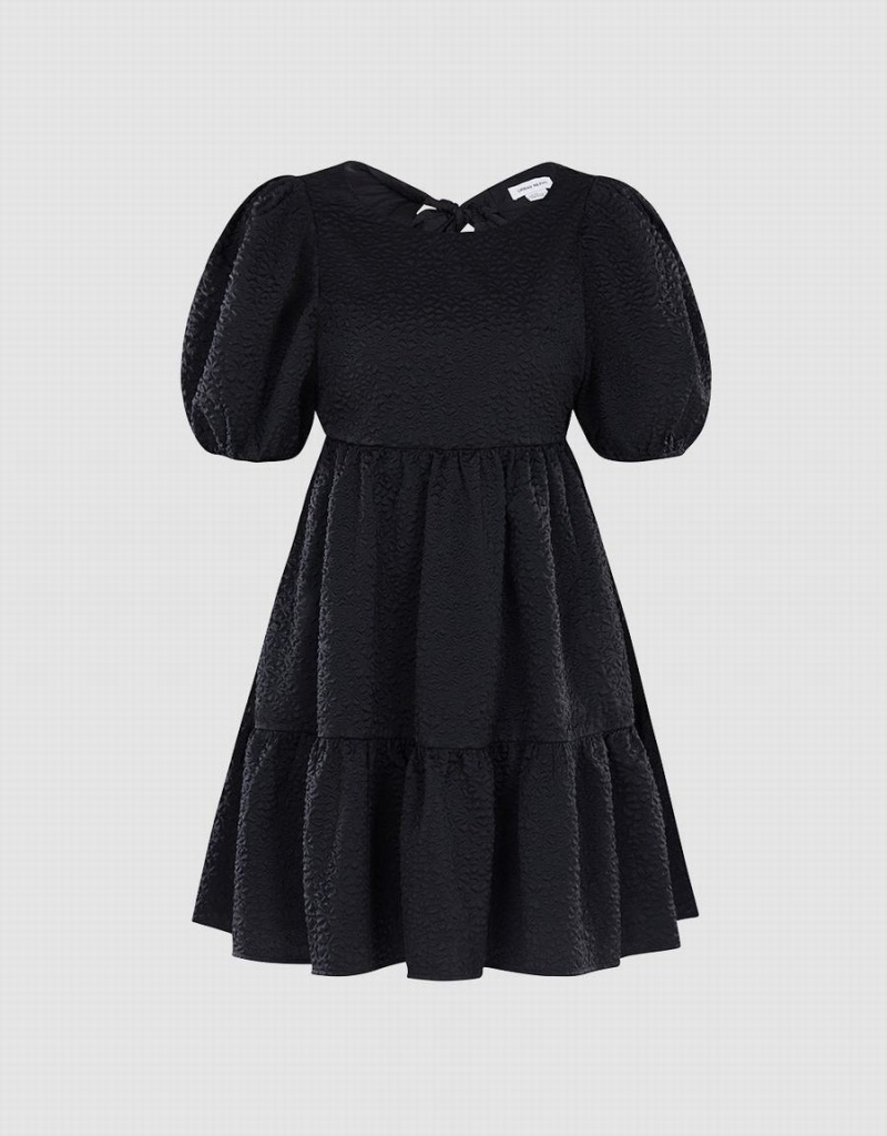 Vestido Urban Revivo Plain Puff Sleeve Ruffle Hem Mujer Negros | XXN7224XB