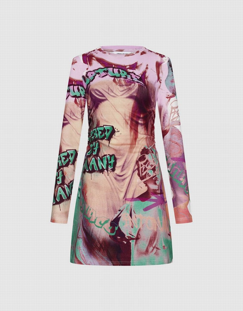 Vestido Urban Revivo Printed Crew Neck Flaco Mujer Rosas Multicolor | MZB5015CB