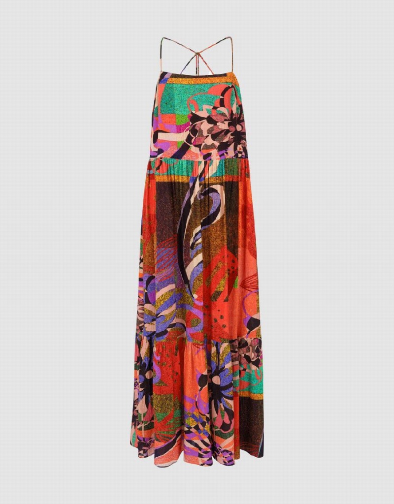 Vestido Urban Revivo Printed Halter Neck A-Line Mujer Rojos Multicolor | RVE966NW