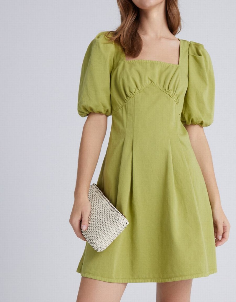 Vestido Urban Revivo Puff Sleeve Square Neck Denim Mujer Verdes | OQI5892XK