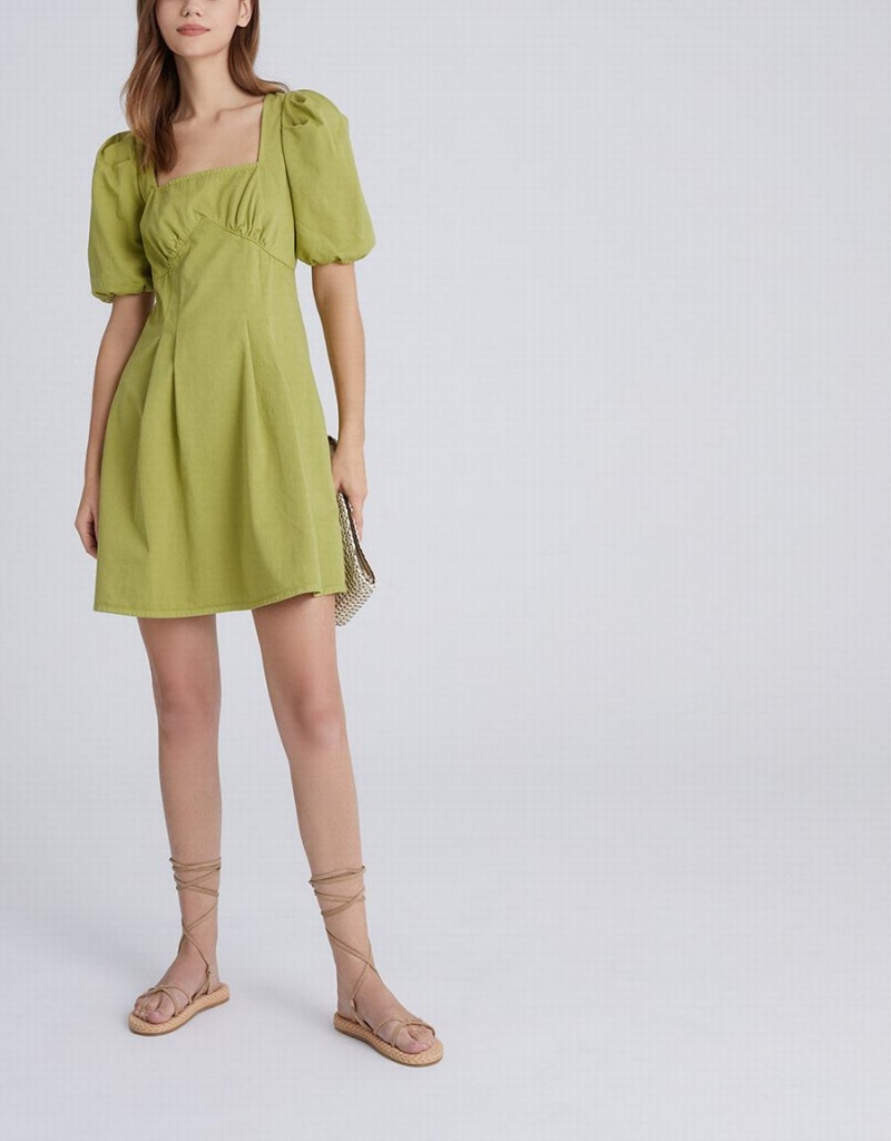 Vestido Urban Revivo Puff Sleeve Square Neck Denim Mujer Verdes | OQI5892XK