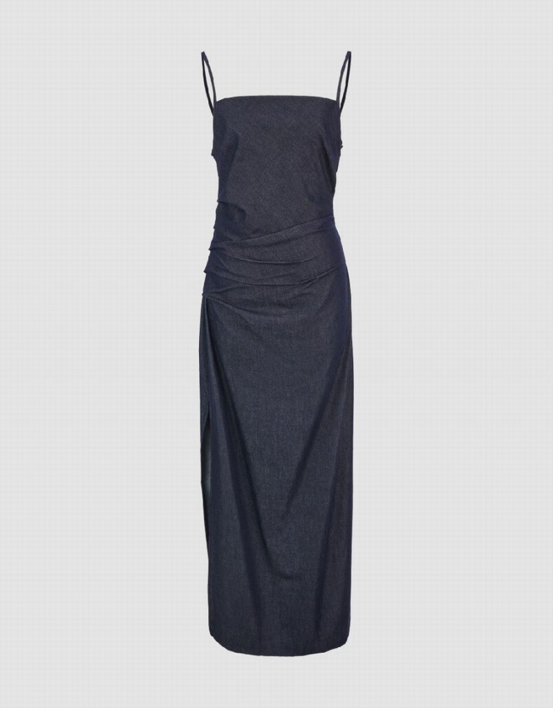 Vestido Urban Revivo Ruched Midi Denim Mujer Azules | VPH9058CC