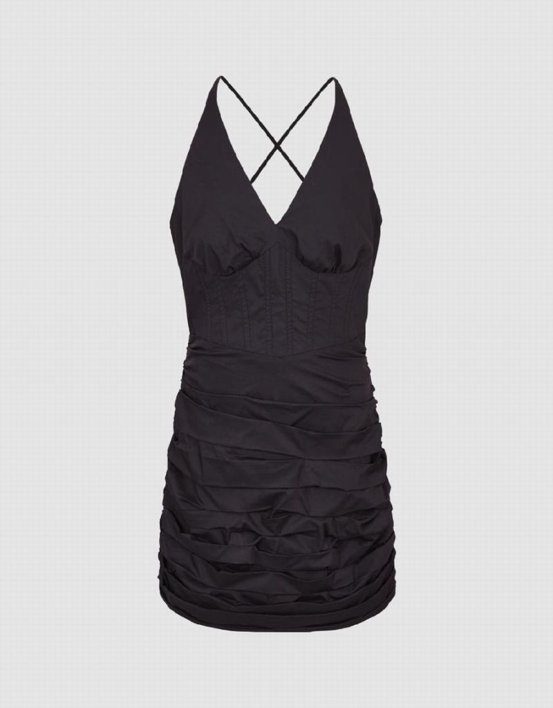 Vestido Urban Revivo Ruched Sin Manga V-Neck Skater Mujer Negros | OBM7829AX