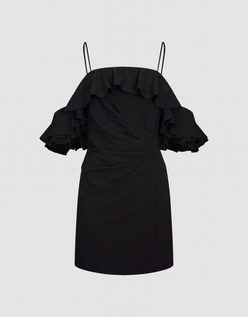 Vestido Urban Revivo Ruffle Off-Shoulder Flaco Mujer Negros | YGE2811FB