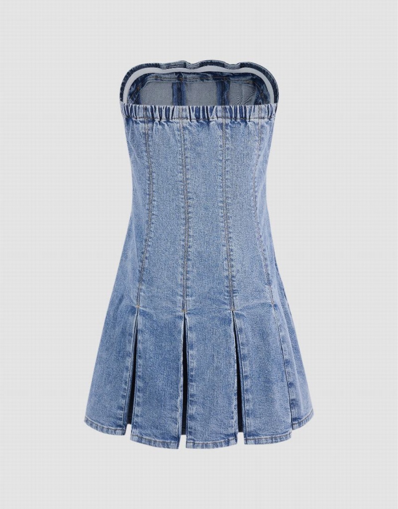 Vestido Urban Revivo Sin Manga Off-Shoulder Denim Mujer Azules | RUQ1756DB