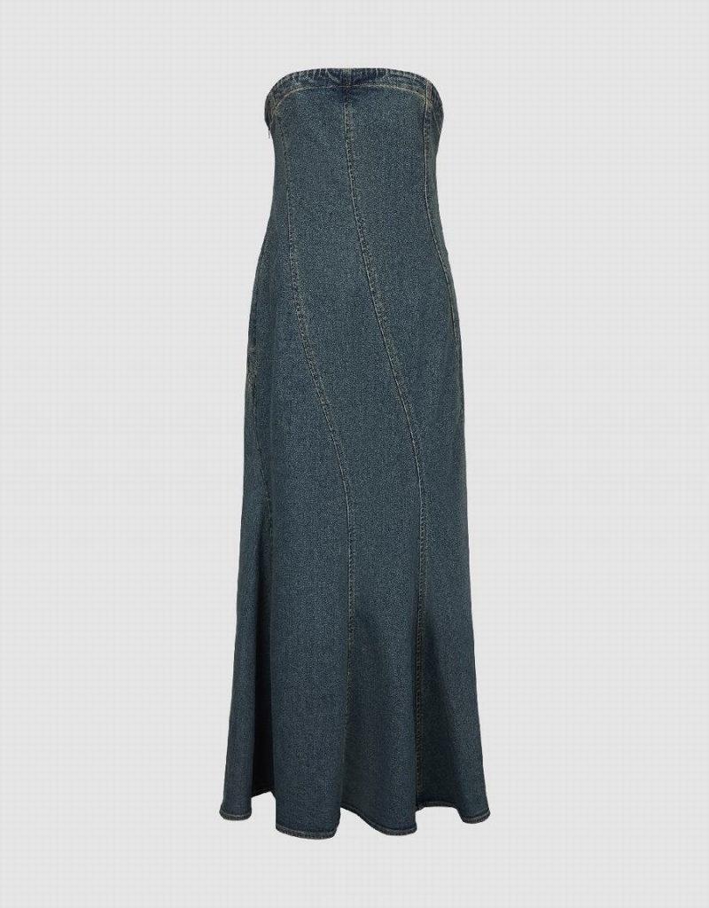 Vestido Urban Revivo Sin Manga Off-Shoulder Denim Mujer Azules | NMA556CF