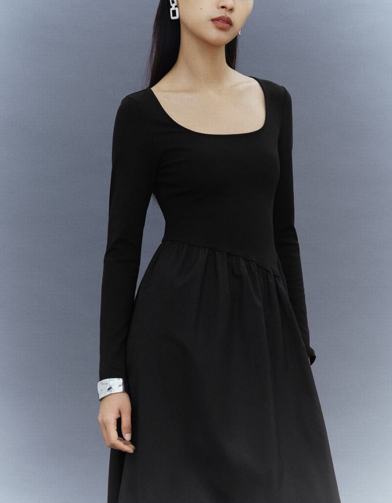 Vestido Urban Revivo Square Neck De Punto A-Line Mujer Negros | QKY3368VD