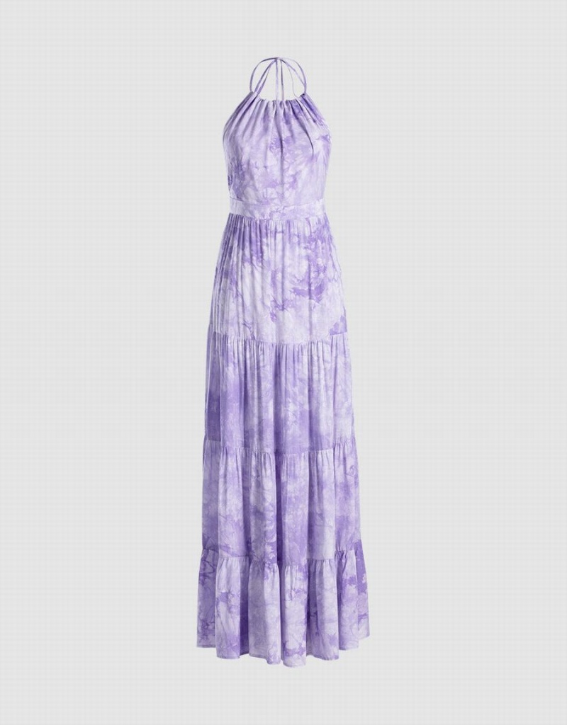 Vestido Urban Revivo Tie Dye Tiered Backless Halter Mujer Morados | DSA5455RY