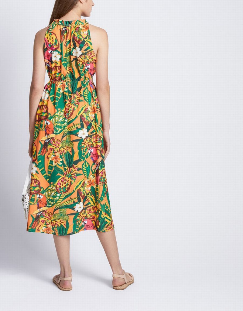 Vestido Urban Revivo Tropical Print Cut Out Sin Manga Midi Sun Mujer Amarillos | VMH5356IP