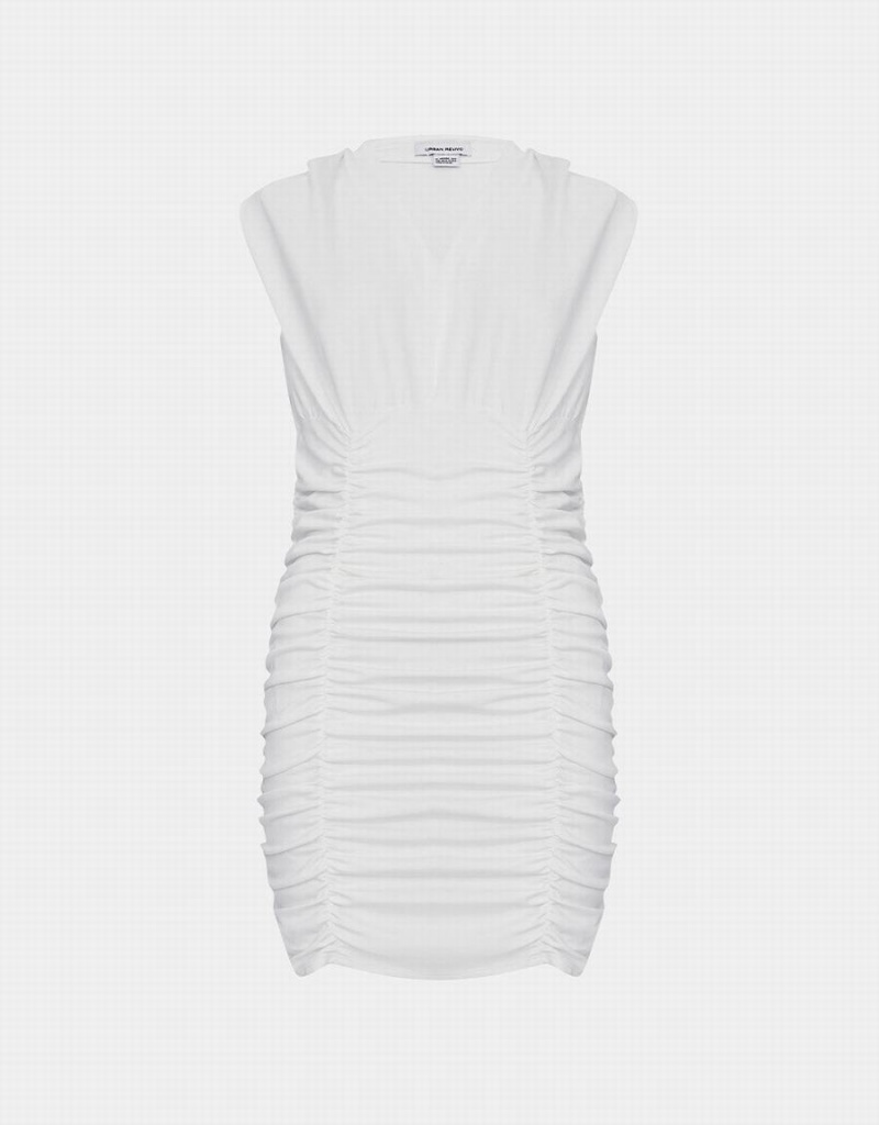 Vestido Urban Revivo V Neck Ruched Sin Manga Bodycon Mujer Blancos | IDQ745JA