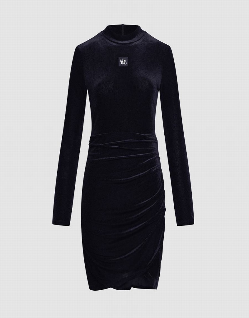 Vestido Urban Revivo Velvet Ruched Bodycon Mujer Negros | ZMF2118VV