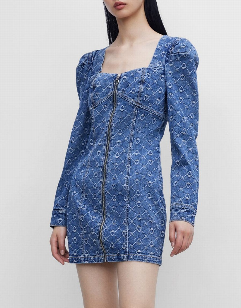 Vestido Urban Revivo Zip Front Puff Sleeve Denim Mujer Azules | GQK3948II